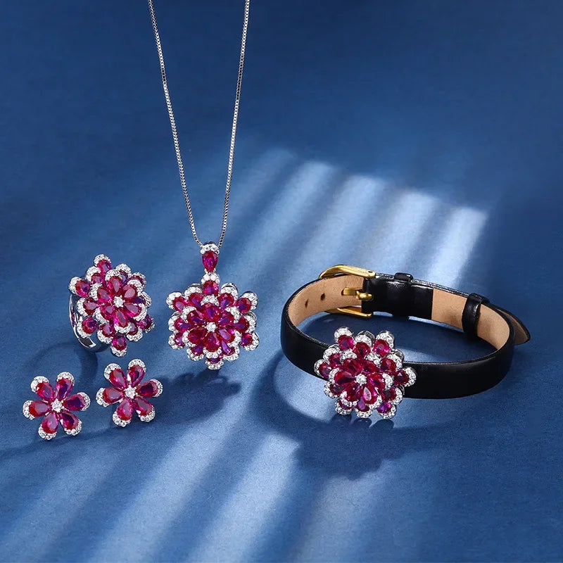 Luxury Red Corundum Flower Light Luxury S925 Silver Plated 18K Gold Inlaid Ruby Women's Ring Pendant Earrings Bracelet Four - Premium Fine Jewelry by Hennafy Jewel