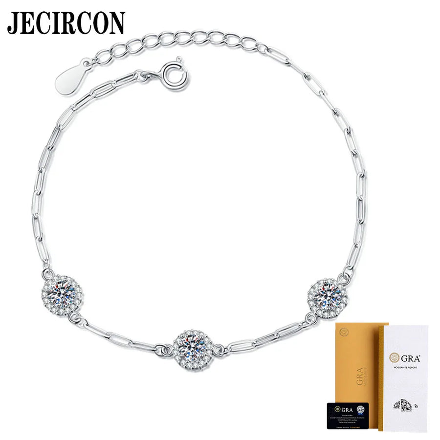 Classic JECIRCON Women S925 Sterling Silver Moissanite Bracelet Temperament Versatile Classic Round Bag 1.5ct 3 Stone Moissanite Jewelry - Premium Fine Jewelry by Hennafy Jewel