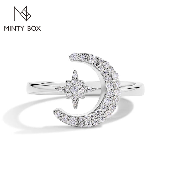 Elegant MINTYBOX 0.242CTW Star Moon S925 Sterling Silver Moissanite Rings For Women Lab Diamond Ring 18K Gold Plated Wedding Jewelr Gift - Premium Fine Jewelry by Hennafy Jewel
