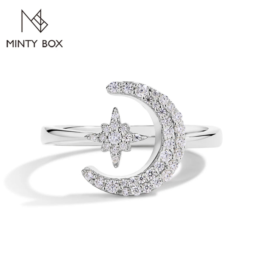 Elegant MINTYBOX 0.242CTW Star Moon S925 Sterling Silver Moissanite Rings For Women Lab Diamond Ring 18K Gold Plated Wedding Jewelr Gift - Premium Fine Jewelry by Hennafy Jewel