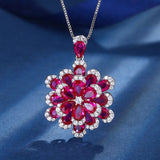 Luxury Red Corundum Flower Light Luxury S925 Silver Plated 18K Gold Inlaid Ruby Women's Ring Pendant Earrings Bracelet Four - Premium Fine Jewelry by Hennafy Jewel