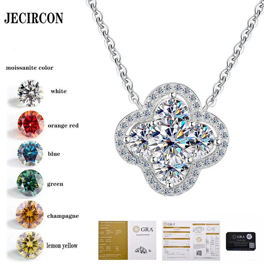 Elegant JECIRCON S925 Sterling Silver Moissanite Necklace for Women Lucky Full Diamond Moissanite Pendant Clavicle Chain Fine Jewelry - Premium Fine Jewelry by Hennafy Jewel