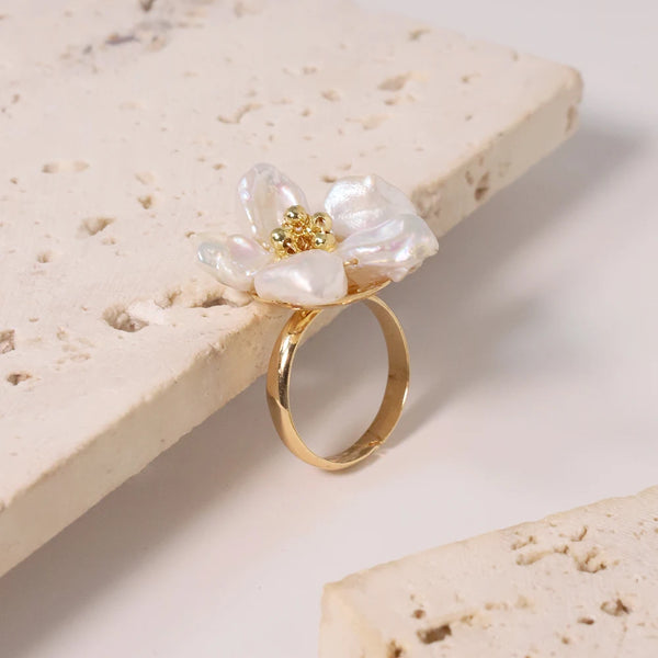 Luxury Natural Baroque Pearl Flower Open Ring Woman Minimalism Art Luxury Jewelry Bridesmaid Gifts Wedding Jewelry GR0394 - Premium Fine Jewelry by Hennafy Jewel