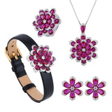 Luxury Red Corundum Flower Light Luxury S925 Silver Plated 18K Gold Inlaid Ruby Women's Ring Pendant Earrings Bracelet Four - Premium Fine Jewelry by Hennafy Jewel